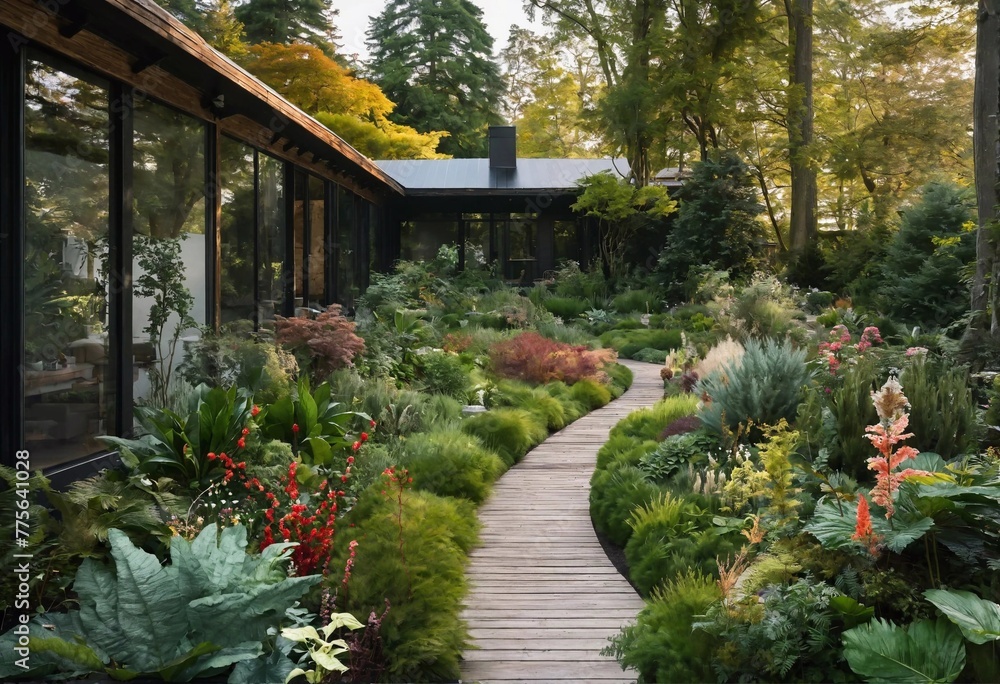 Garden-jungle-style behind the house with a mix of plant species and natural walkways, generative ai art Garden-jungle-style behind the house with a mix of plant species and natural walkways, generative ai art