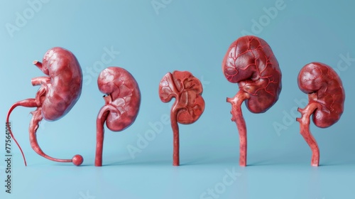 This series of 3D rendered kidneys showcases the stages of receiving a transplant, from removal to implantation, against a blue gradient background to emphasize progression. photo