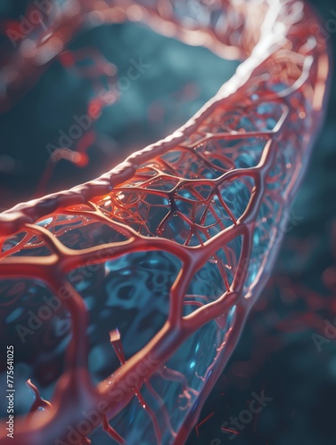 A dynamic, zoomed-in view focusing on a bioresorbable vascular scaffold within a coronary artery, capturing the essence of innovative cardiac intervention. photo