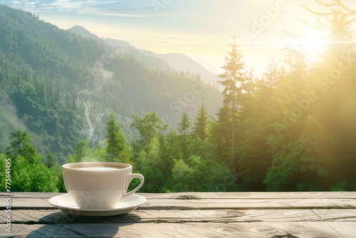 A cup of hot coffee sits on a wooden table with a forest and mountains in the background. By receiving light from sunlight.