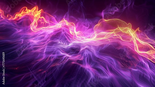 3D render of glowing neon on black background, in the style of vivid purple and yellow