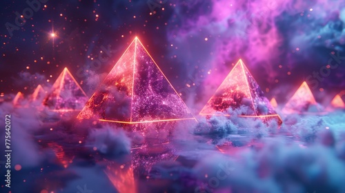 3D render of glowing neon pyramids floating in a cosmic void