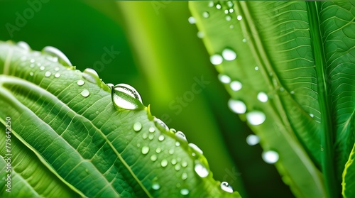 Green Leaf with Water Drops: A Fresh Macro Shot of Nature's Dew on Leaves photo