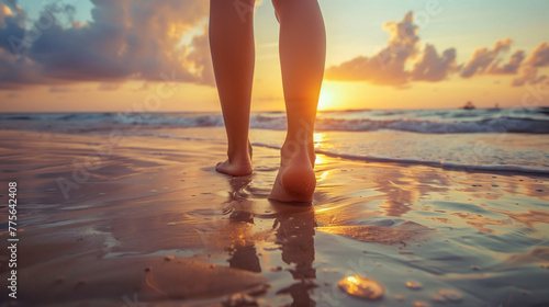 Close up portrait of young girl with beautiful feet walking on beach, waves coming to her feet, enjoying sunset and beautiful view