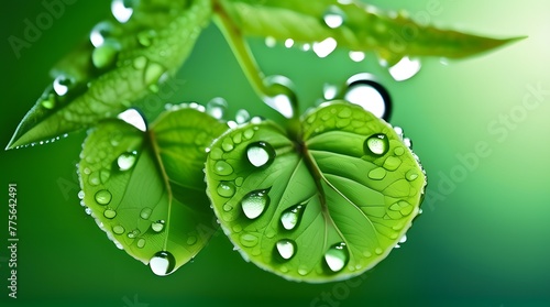 Green Leaf with Water Drops: A Fresh Macro Shot of Nature's Dew on Leaves photo