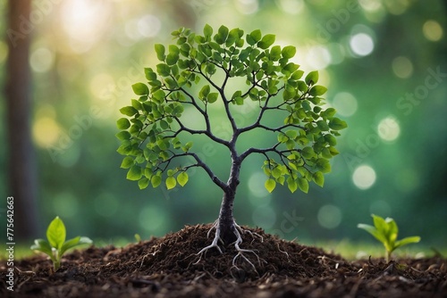 small tree growing in the ground on bokeh forest background  environmental conservation message