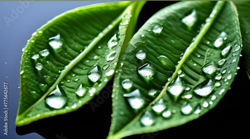 Green Leaf with Water Drops: A Fresh Macro Shot of Nature's Dew on Leaves photo