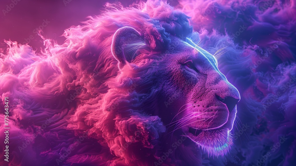 A 3D render of a colorful cloud with glowing neon in the shape of a majestic lion - obrazy, fototapety, plakaty 