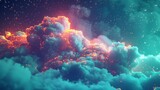 A 3D render of a colorful cloud with glowing neon, representing a digital oasis in the vastness of cyberspace
