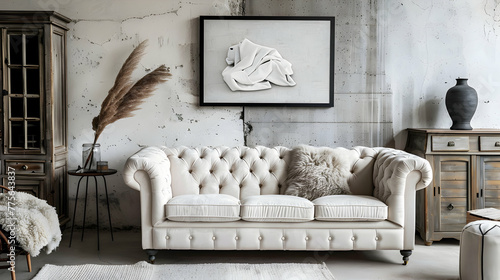 White tufted sofa and art poster on a concrete wall next to a rustic cabinet. Modern living room interior design