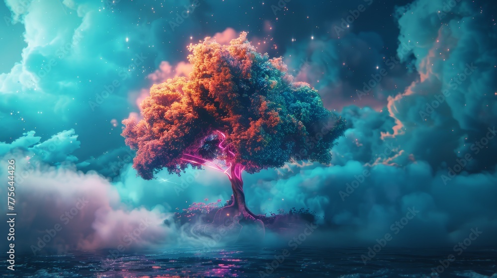 A 3D render of a colorful cloud with glowing neon A 3D render of a colorful cloud with glowing neon