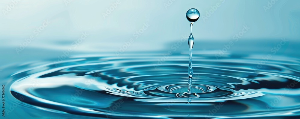 A close-up view of a crystal clear water droplet creating a crown-like splash on a tranquil surface