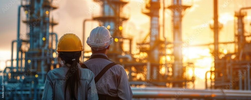 Two industrial workers in safety gear overlook a modern factory with connectivity and technology concepts Two industrial workers in safety gear overlook a modern factory with connectivity and technology concepts