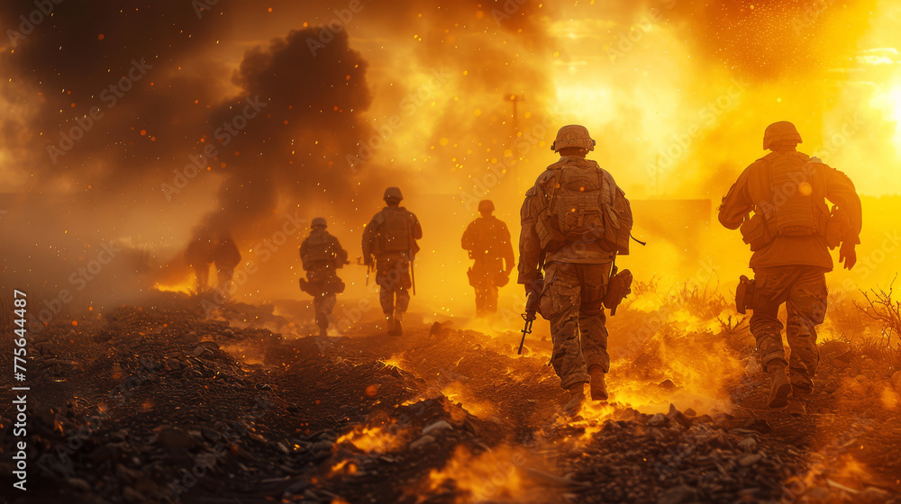 Team of professional military contractors are involved in a risky mission. Rear view of special forces in uniform and with weapons in hands wading through flames and destroyed houses