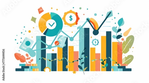 Financial development in business, showcasing increasing profit growth with upward trending graphs, currency symbols, and corporate imagery.