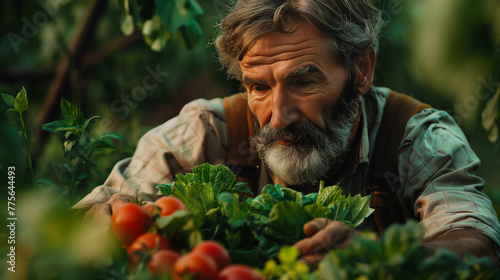 Concentrated gardener, fully absorbed in his labor, holds a freshly harvested organic vegetable, demonstrating his dedication to nurturing and cultivating healthy produce