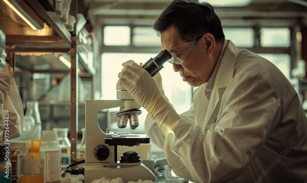 Researcher in a lab coat conducts careful analysis of a sample under a microscope in a clinical laboratory . Researcher in a lab coat conducts careful analysis of a sample under a microscope in a clinical laboratory .