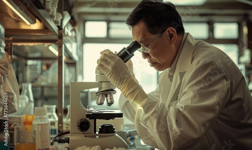 Researcher in a lab coat conducts careful analysis of a sample under a microscope in a clinical laboratory .
