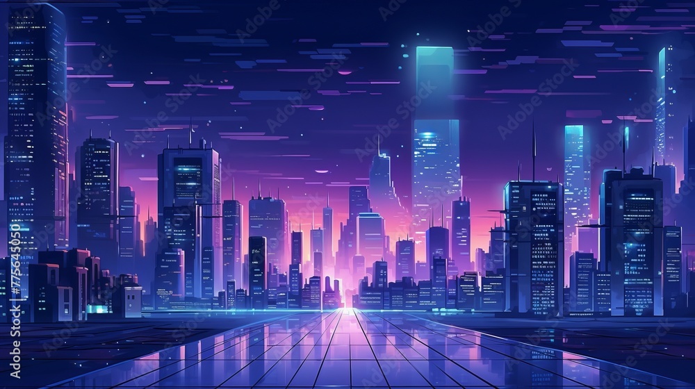 Cyberpunk neon city night Futuristic city scene in a style of pixel art 80's wallpaper Retro future Generative AI illustration Urban scene