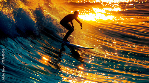 A silhouette of a surfer riding the waves against the backdrop of a radiant sunrise, casting golden reflections on the azure waters, capturing the exhilaration and beauty of early morning surfing sess