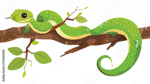 Fototapeta Naklejka Na Ścianę i Meble -  Green snake on tree branch Flat vector 