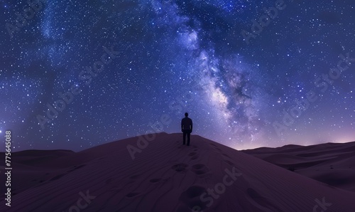 Milky Way galaxy arcing over a tranquil desert landscape at night
