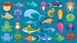 Set Of Colorful Sea Animals Icons, Vibrant Sea Creatures Set