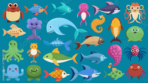 Set Of Colorful Sea Animals Icons, Vibrant Sea Creatures Set © theartcreator