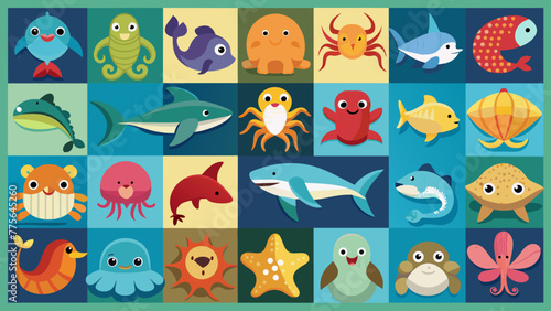 Wallpaper Mural Set Of Colorful Sea Animals Icons, Vibrant Sea Creatures Set Torontodigital.ca