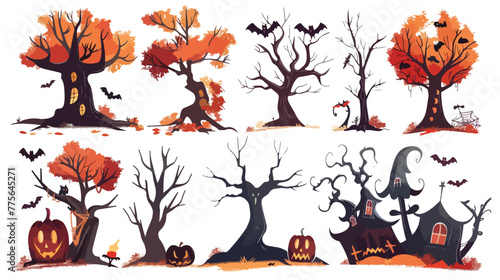 Halloween trees collection set Flat vector isolated