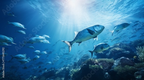 Majestic underwater nature fish swim in blue sea danger lurks  © MOUISITON