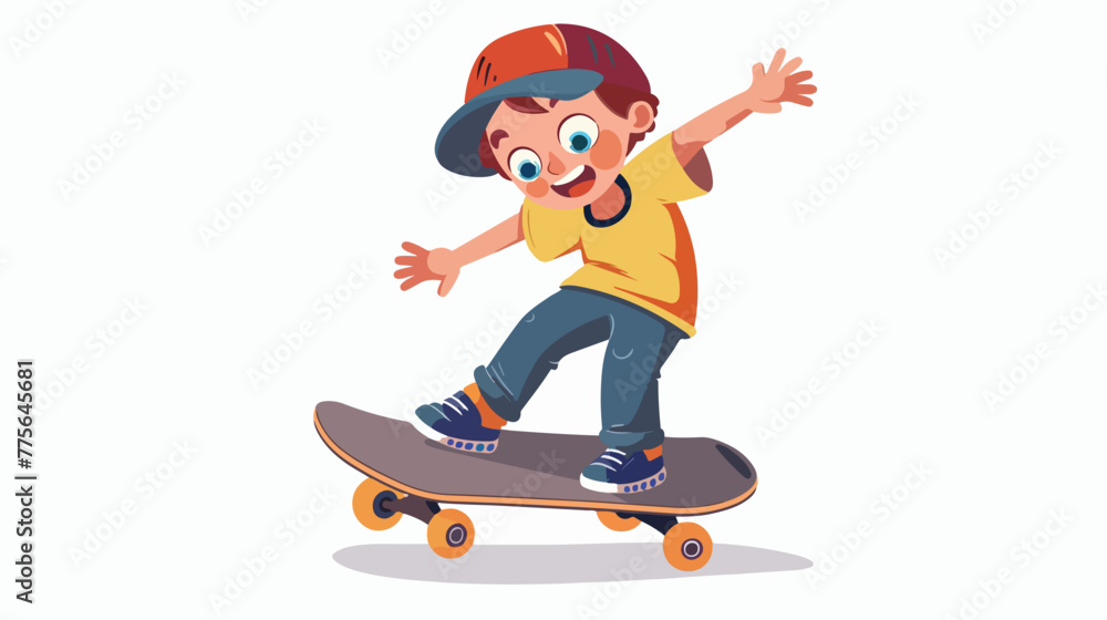 Happy little boy skateboarding Flat vector isolated