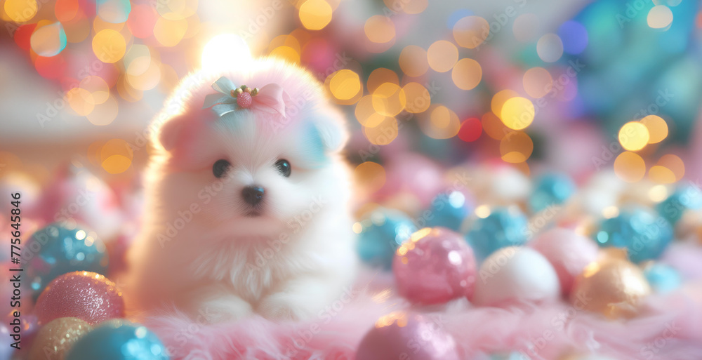 Fototapeta premium Lovely cute puppy with Christmas background pastel colour & Christmas decorate light bokeh