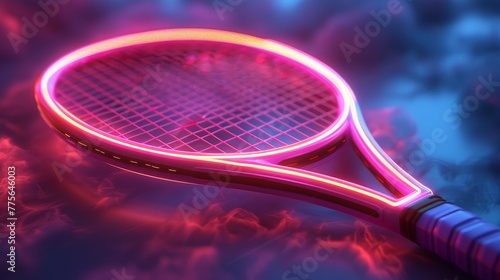A 3D render of glowing neon tennis racket symbol © MAY