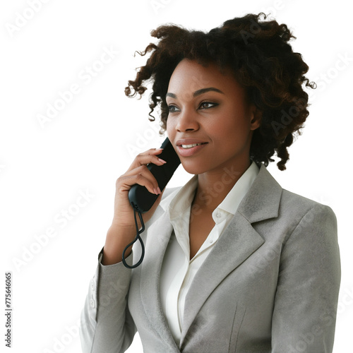  A businesswoman negotiating a deal over the phone, her expression determined against the simplicity of a transparent background .png