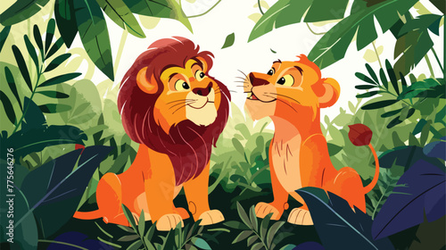 Lion and lioness in the jungle Flat vector isolated