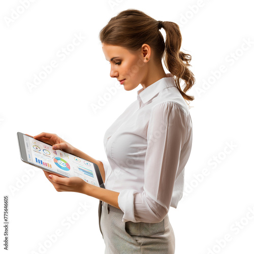  A businesswoman reviewing financial charts on her tablet against a crisp transparent background .png