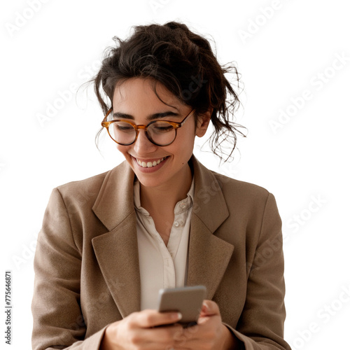 A businesswoman smiling as she answers emails on her smartphone, against a minimalist white backdrop