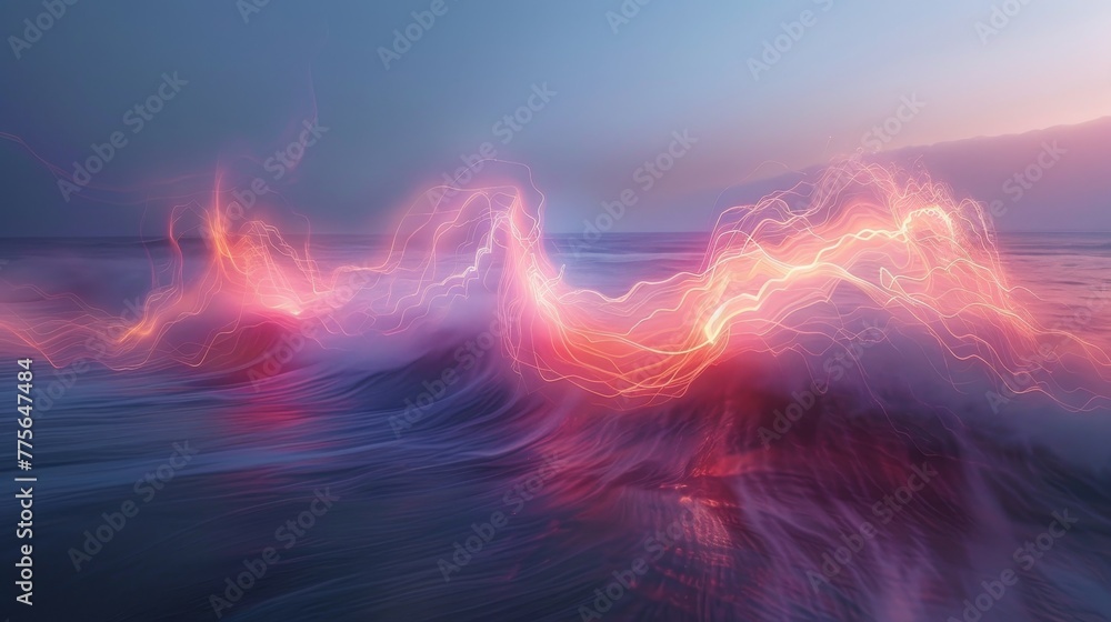 A wave of pink and blue sparks is crashing on the shore. The water is calm and the sky is a beautiful shade of blue