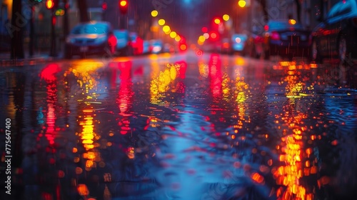 A blurry image of a city street with cars and a reflection of the lights on the wet pavement