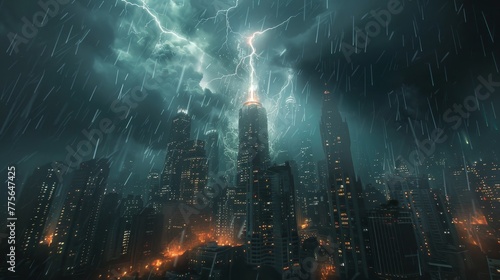 A city skyline is lit up by the light of a lightning bolt. The sky is dark and stormy, with rain pouring down on the buildings. Scene is tense and dramatic, as the lightning bolt strikes the city