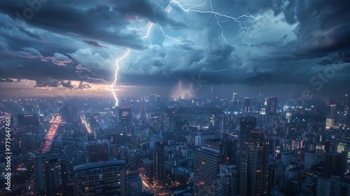 A city skyline is lit up by the light of a lightning bolt. The sky is dark and stormy, with the city below illuminated by the flashes of light. Scene is tense and dramatic, as the lightning strikes