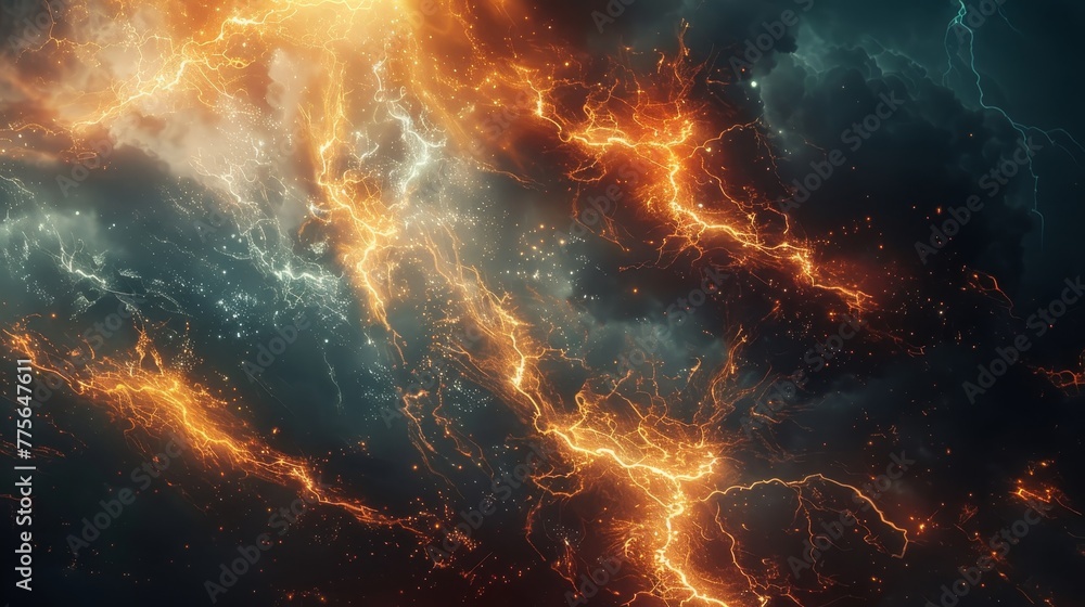 A picture of a stormy sky with lightning bolts and a dark background. Scene is intense and dramatic A picture of a stormy sky with lightning bolts and a dark background. Scene is intense and dramatic