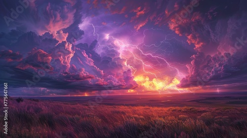A beautiful, colorful sky with a stormy, dramatic look. The sky is filled with clouds and lightning bolts, creating a sense of awe and wonder. The scene is set in a vast, open field, with the clouds
