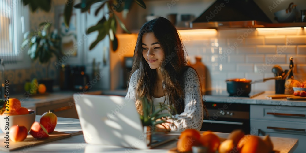 Low-Carb Luminary: Focused And Driven, A Young Woman Tackles Her Laptop Duties With Purpose, Supported By A Variety Of Low-Carb Fruits, In Line With Her Dietary Preferences