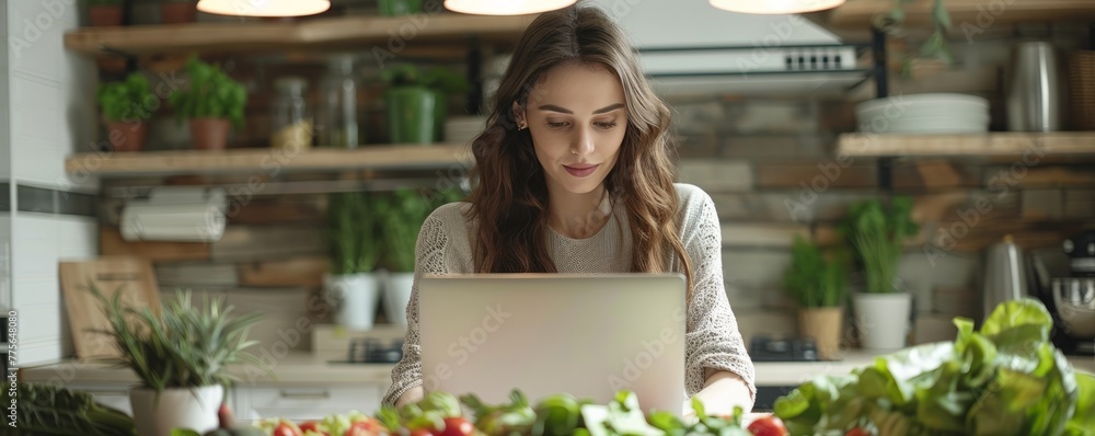 Young Woman Sits With A Laptop At A Table In The Kitchen Surrounded By Greens And Vegetables. Concept Esselstyn Diet