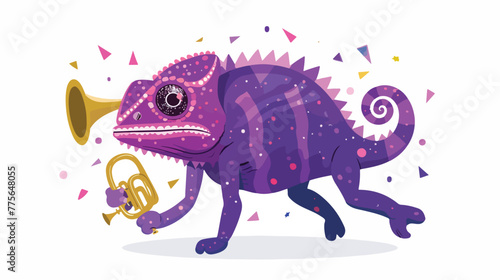 Purple chameleon walking with party trumpet vector 