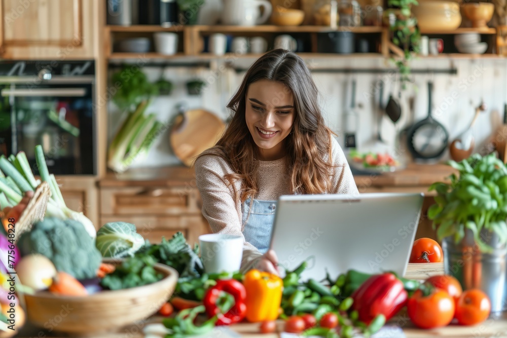 Young Woman Sits With A Laptop At A Table In The Kitchen Surrounded By Greens And Vegetables. Concept Dash Diet Dietary Approaches To Stop Hypertension Young Woman Sits With A Laptop At A Table In The Kitchen Surrounded By Greens And Vegetables. Concept Dash Diet Dietary Approaches To Stop Hypertension