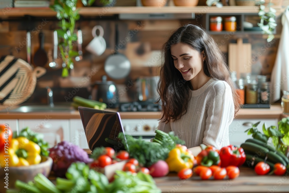 Young Woman Sits With A Laptop At A Table In The Kitchen Surrounded By Greens And Vegetables. Concept Macrobiotic Diet