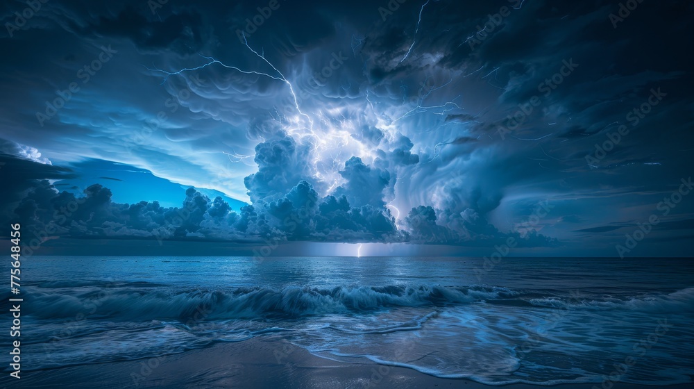 A stormy night sky with a bright lightning bolt in the middle. The sky is dark and the ocean is calm